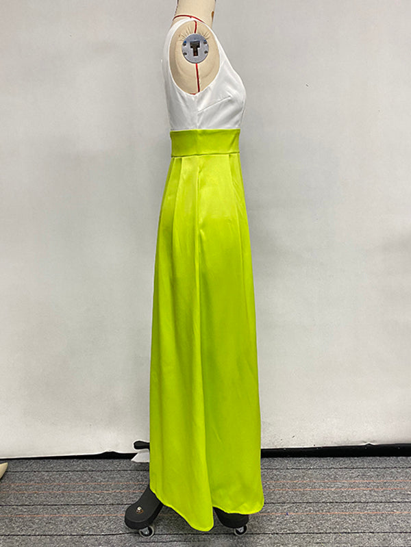 A-Line High Waisted Contrast Color Pleated Zipper Deep V-Neck Maxi Dresses