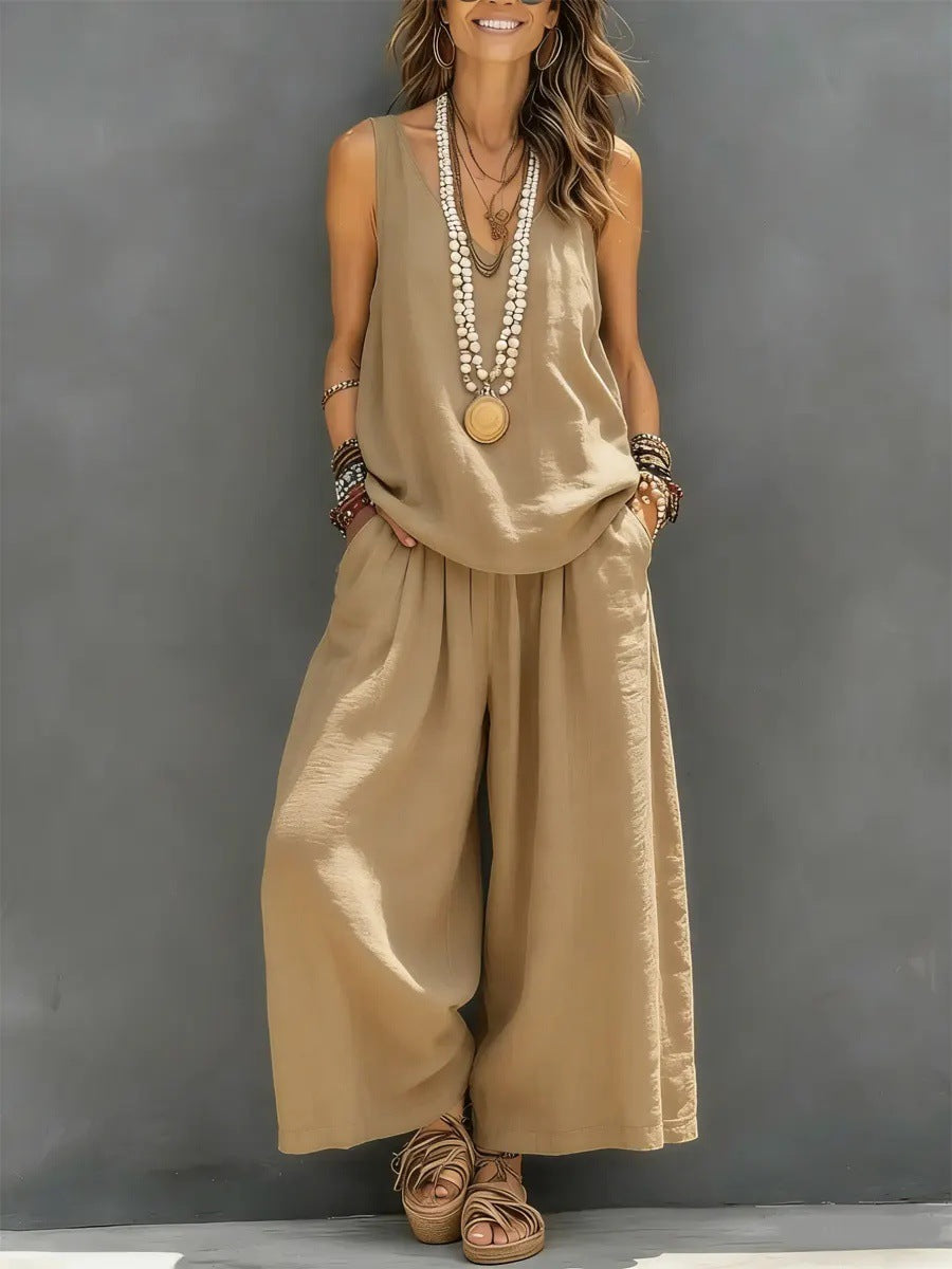 Loose Plus Size Elasticity Pleated Pockets Solid Color V-Neck Two Pieces Set