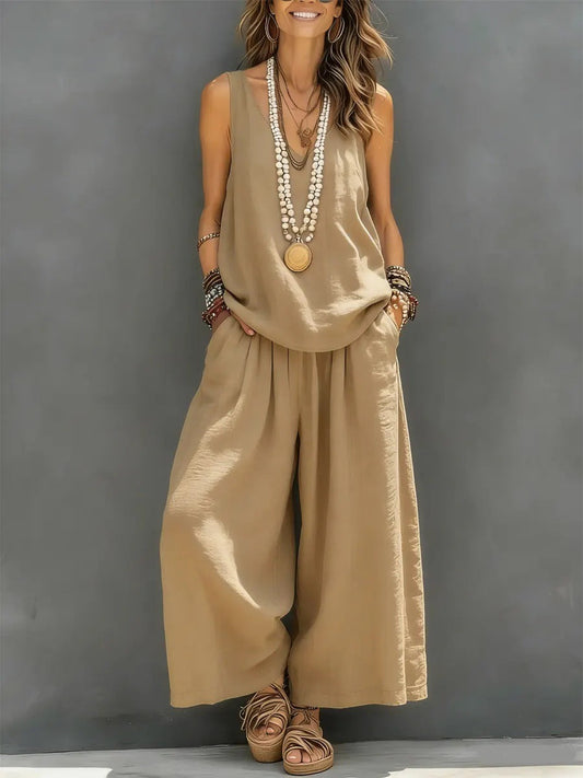 Loose Plus Size Elasticity Pleated Pockets Solid Color V-Neck Two Pieces Set