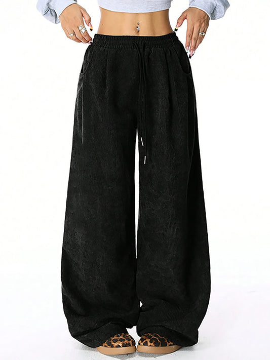 High Waisted Wide Leg Drawstring Elasticity Pockets Solid Color Pants Trousers