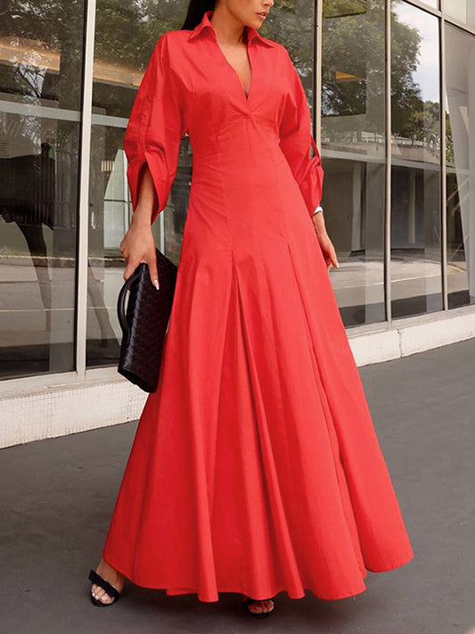 A-Line High Waisted Pleated Solid Color V-Neck Maxi Dresses Shirt Dress