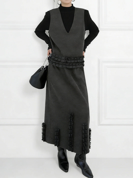 Contrast Color Ruffled Split-Joint V-Neck Vest Top + Elasticated Waist High Waisted Pleated Skirts Bottoms Two Pieces Set