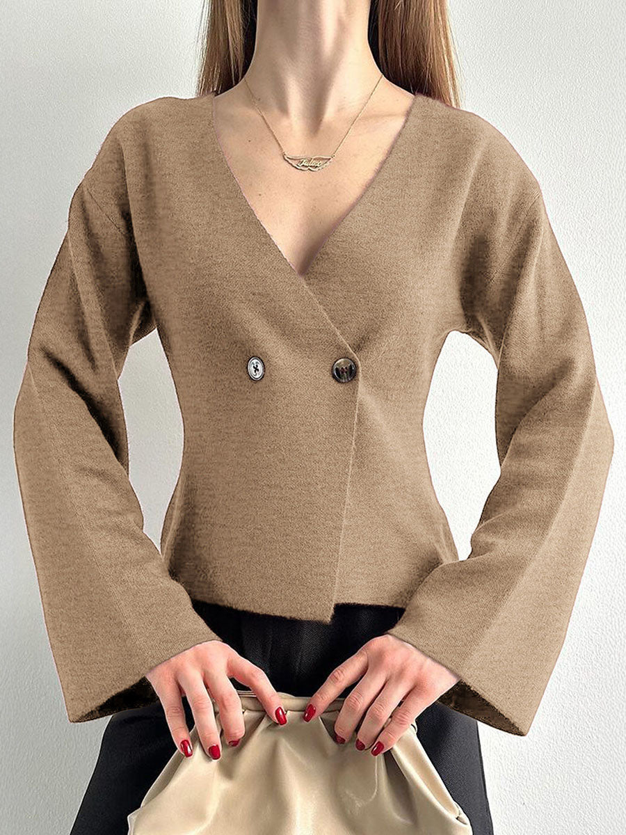 Long Sleeves Buttoned Solid Color V-Neck Cardigan Tops