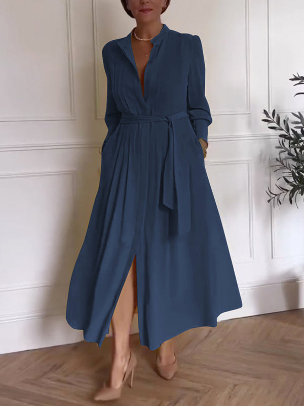 A-Line Long Sleeves Buttoned Pleated Pockets Solid Color Tied Waist V-Neck Maxi Dresses