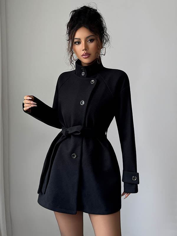Elasticated Waist High Waisted Asymmetric Buttoned Solid Color Tied Waist Stand Collar Outerwear