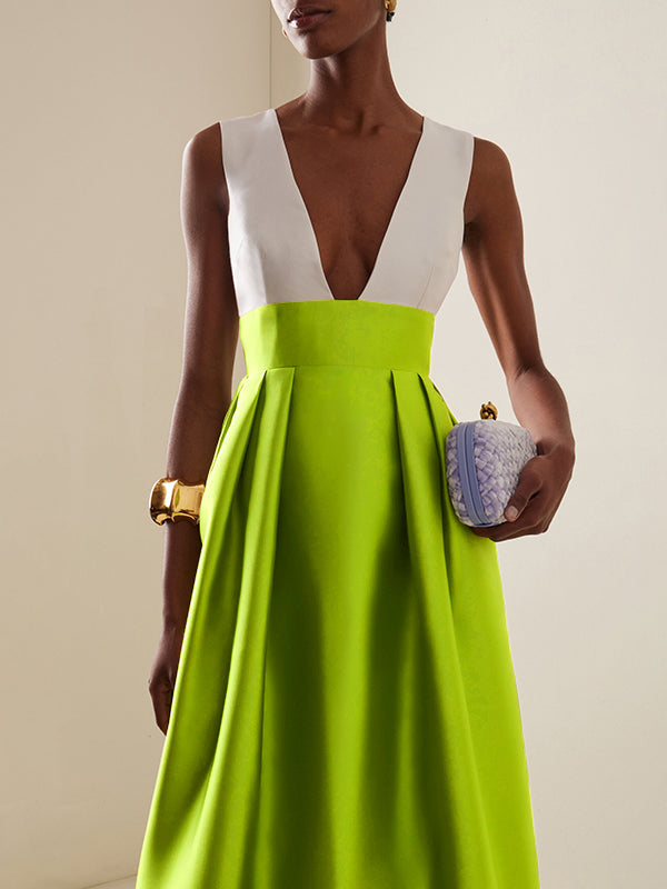 A-Line High Waisted Contrast Color Pleated Zipper Deep V-Neck Maxi Dresses