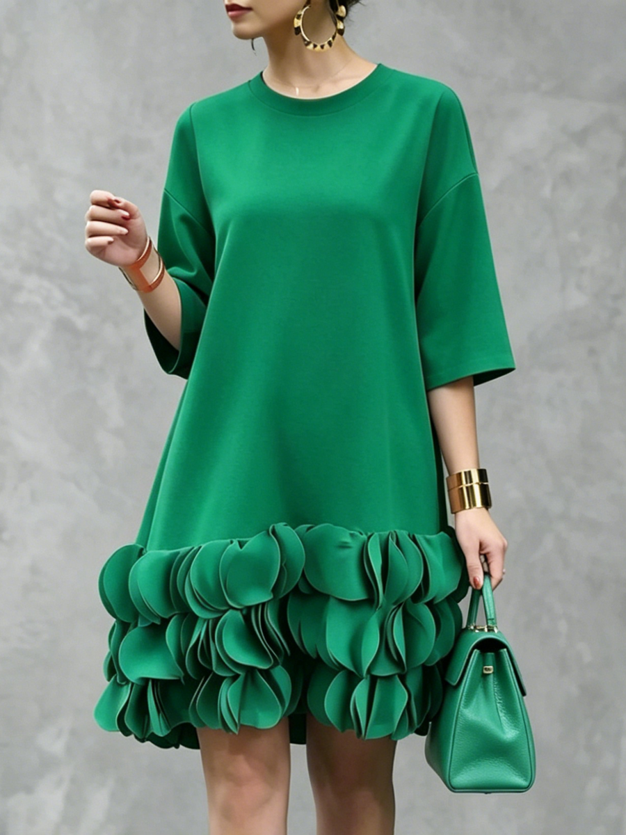 A-Line Loose Solid Color Split-Joint Three-Dimensional Flower Round-Neck Mini Dresses