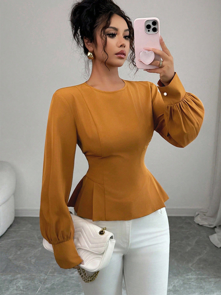 Elasticated Waist High Waisted Asymmetric Pleated Ruffled Solid Color Round-Neck Blouses&Shirts Tops