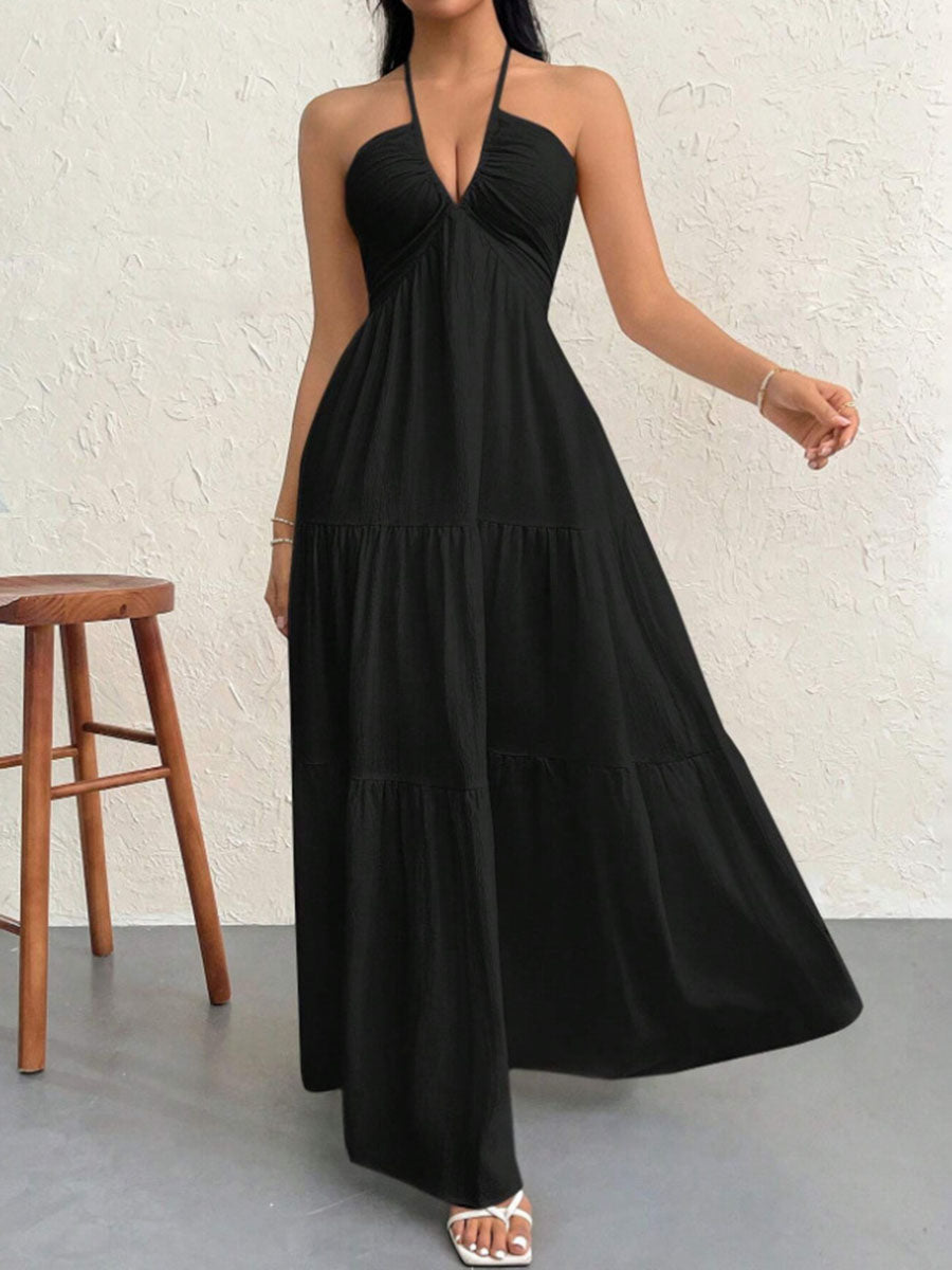 A-Line Loose Backless Pleated Solid Color Split-Joint Halter-Neck Midi Dresses