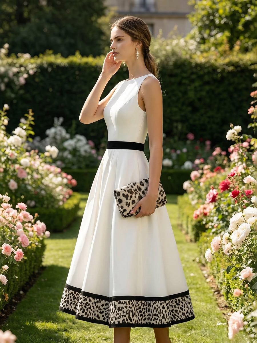 A-Line High Waisted Contrast Color Leopard Pleated Pockets Split-Joint Zipper Round-Neck Midi Dresses