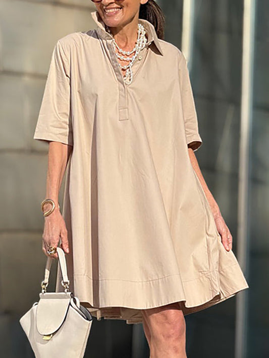 A-Line Short Sleeves Solid Color Split-Joint Lapel Mini Dresses Shirt Dress