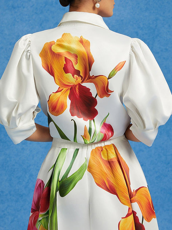 Loose Puff Sleeves Floral Printed Pleated Split-Joint Lapel Blouses&Shirts Tops