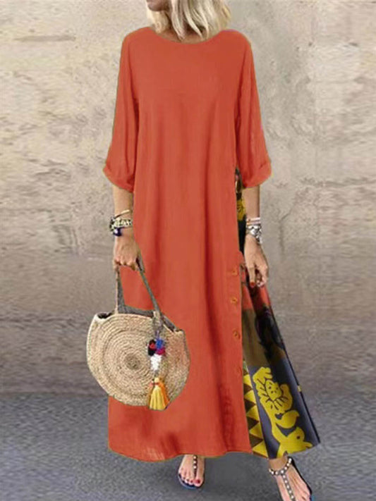 Loose Plus Size Buttoned Contrast Color Printed Split-Joint Round-Neck Midi Dresses