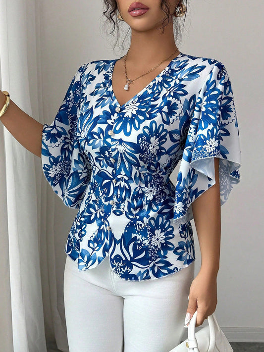 Flared Sleeves Half Sleeves Buttoned Contrast Color Flower Print Pleated V-Neck Blouses&Shirts Tops