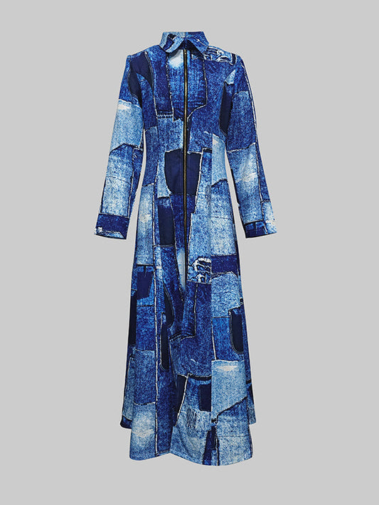 Long Sleeves Printed Zipper Lapel Maxi Dresses Shirt Dress