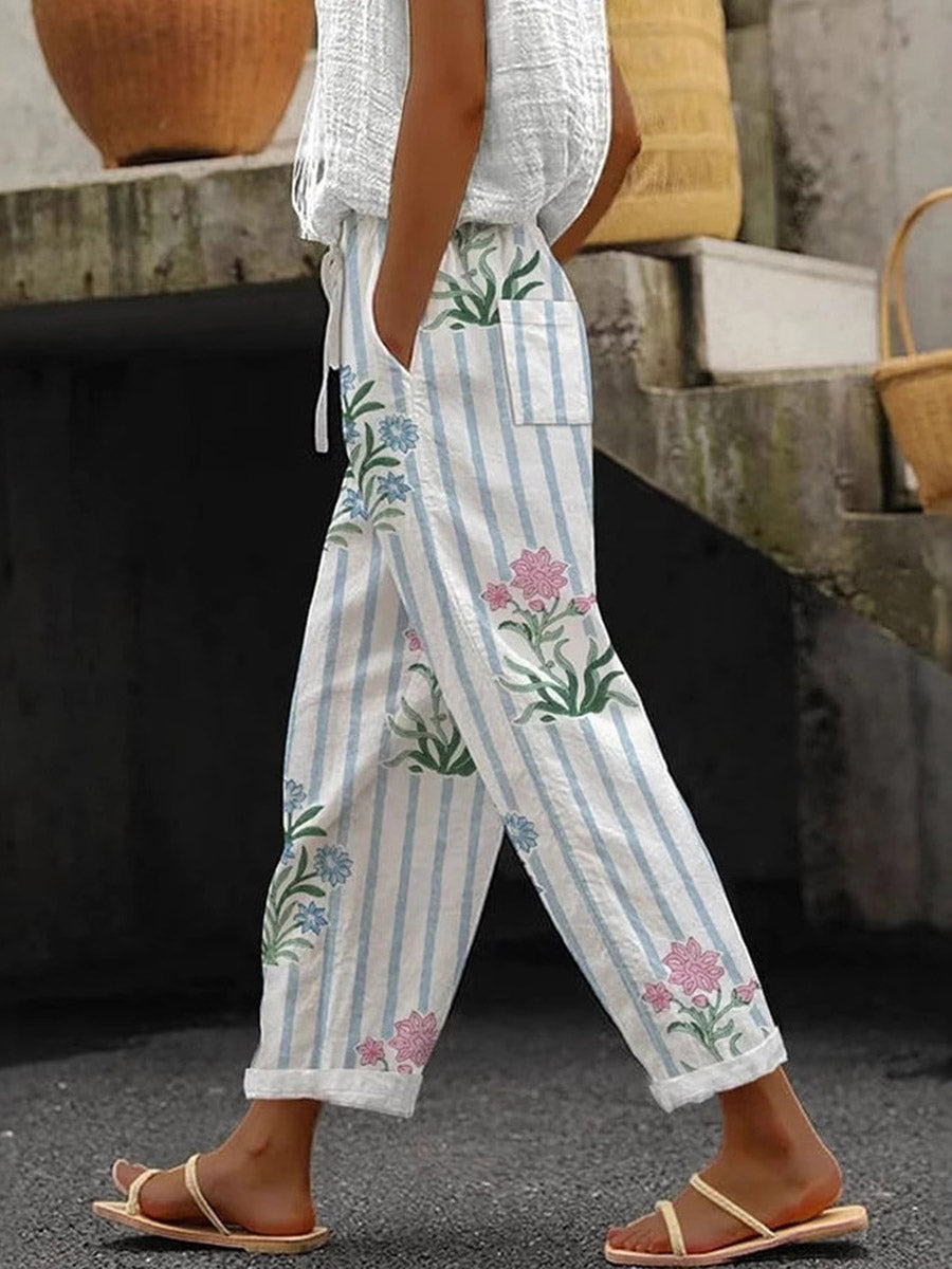 High Waisted Plus Size Contrast Color Drawstring Elasticity Pockets Printed Split-Joint Pants Trousers