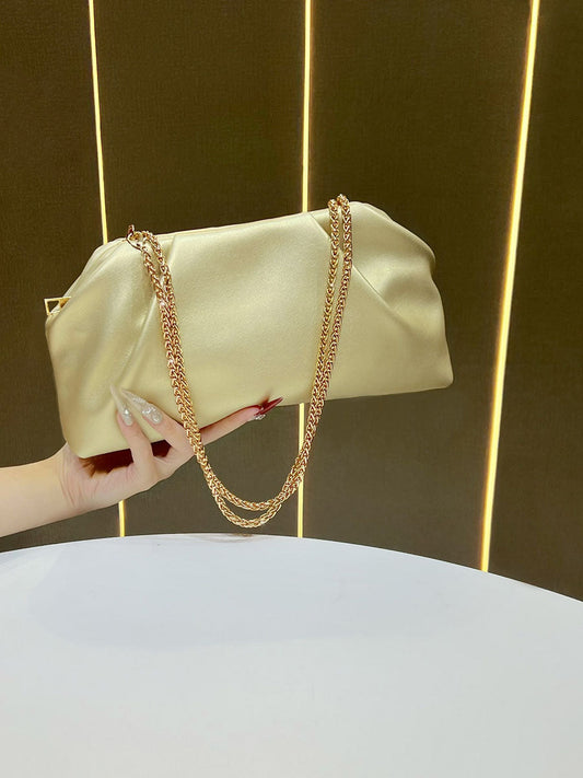 Chains Pleated Solid Color Zipper Evening Bags & Clutches Shoulder Bags