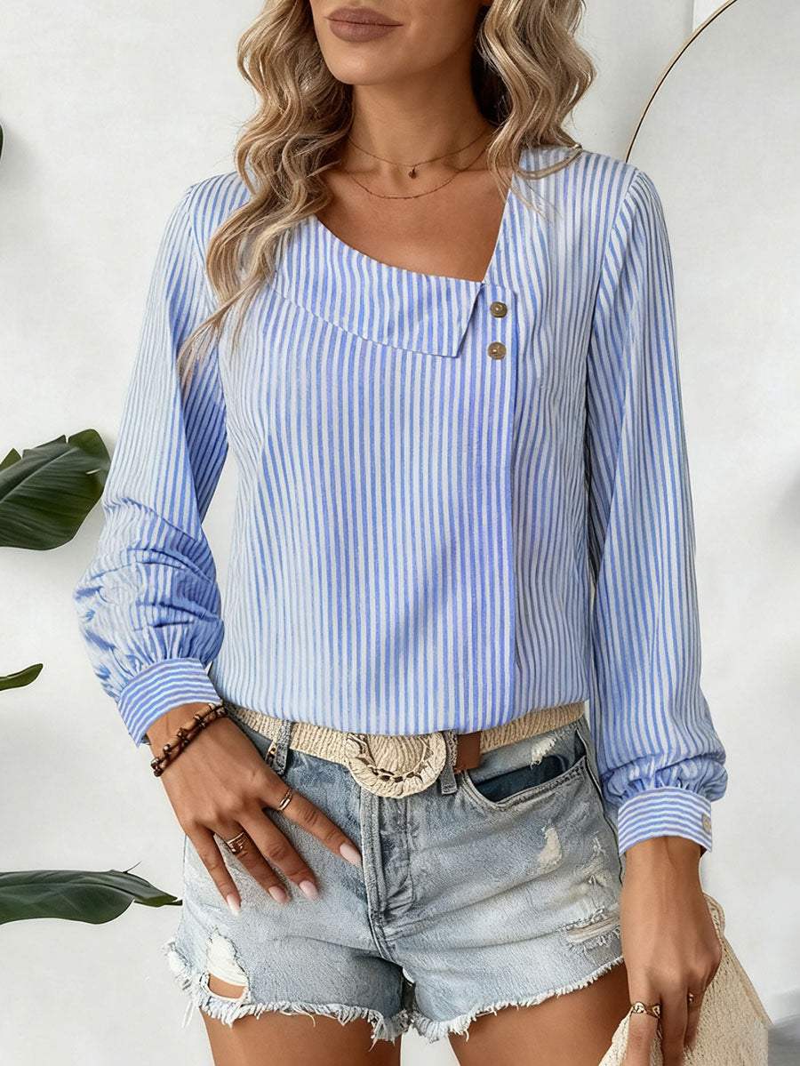 Long Sleeves Buttoned Split-Joint Striped Asymmetric Collar Blouses&Shirts Tops