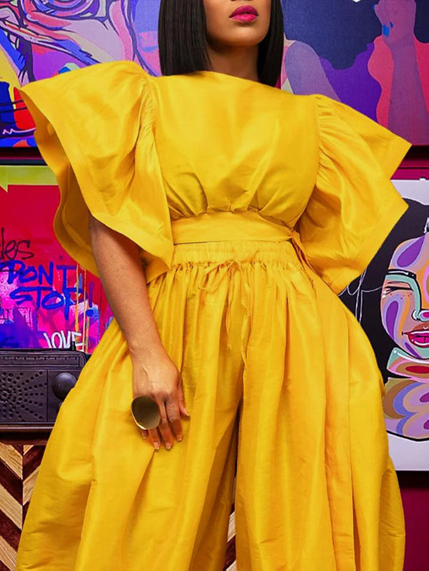 Flying Sleeves Loose Pleated Solid Color Split-Joint Round-Neck Blouses&Shirts Tops