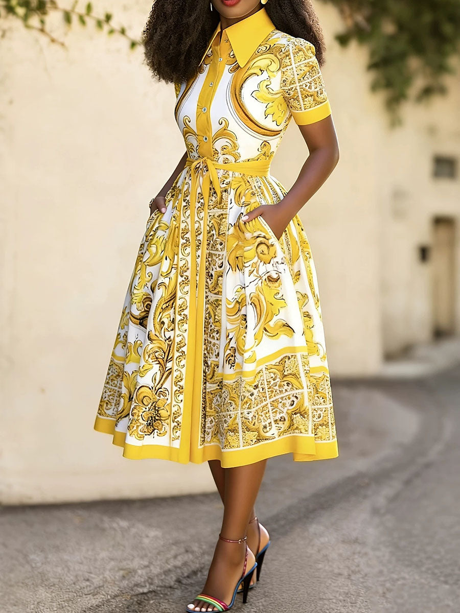A-Line High Waisted Buttoned Contrast Color Pockets Printed Tied Waist Lapel Midi Dresses Shirt Dress