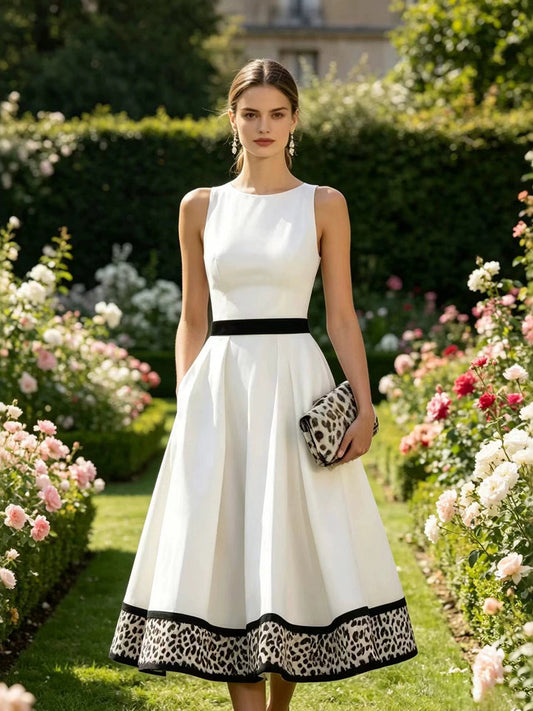 A-Line High Waisted Contrast Color Leopard Pleated Pockets Split-Joint Zipper Round-Neck Midi Dresses