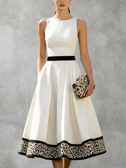 A-Line High Waisted Contrast Color Leopard Pleated Pockets Split-Joint Zipper Round-Neck Midi Dresses