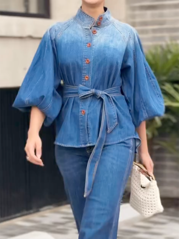 Half Sleeves Puff Sleeves Buttoned Gradient Tied Waist Stand Collar Blouses&Shirts Tops