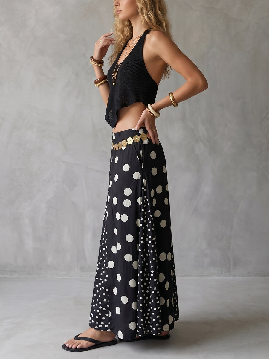 A-Line High Waisted Contrast Color Elasticity Pockets Polka Dot Split-Joint Skirts Bottoms