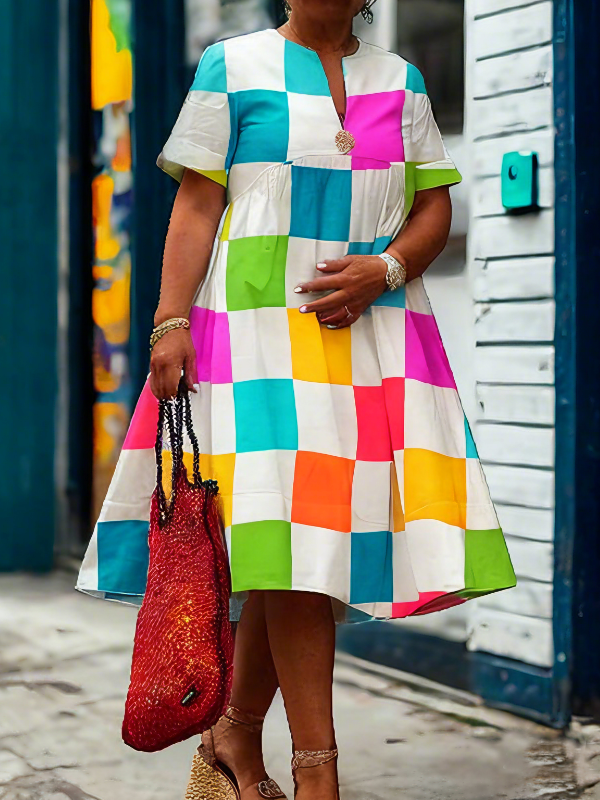 A-Line Loose Contrast Color Plaid Pleated Deep V-Neck Midi Dresses Shirt Dress