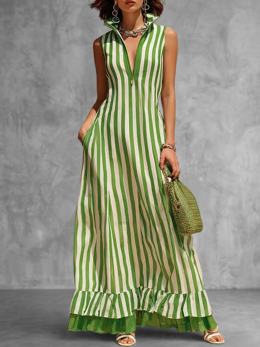 A-Line Loose Contrast Color Pockets Ruffled Split-Joint Striped Zipper Stand Collar Maxi Dresses