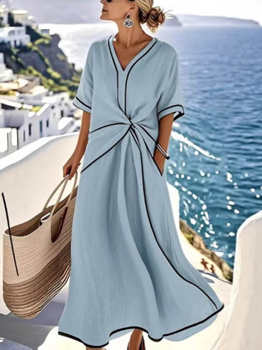 A-Line High Waisted Contrast Color Knot Line Pleated Pockets V-Neck Midi Dresses