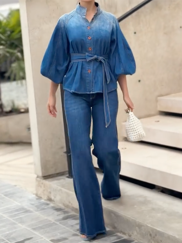 Half Sleeves Puff Sleeves Buttoned Gradient Tied Waist Stand Collar Blouses&Shirts Tops