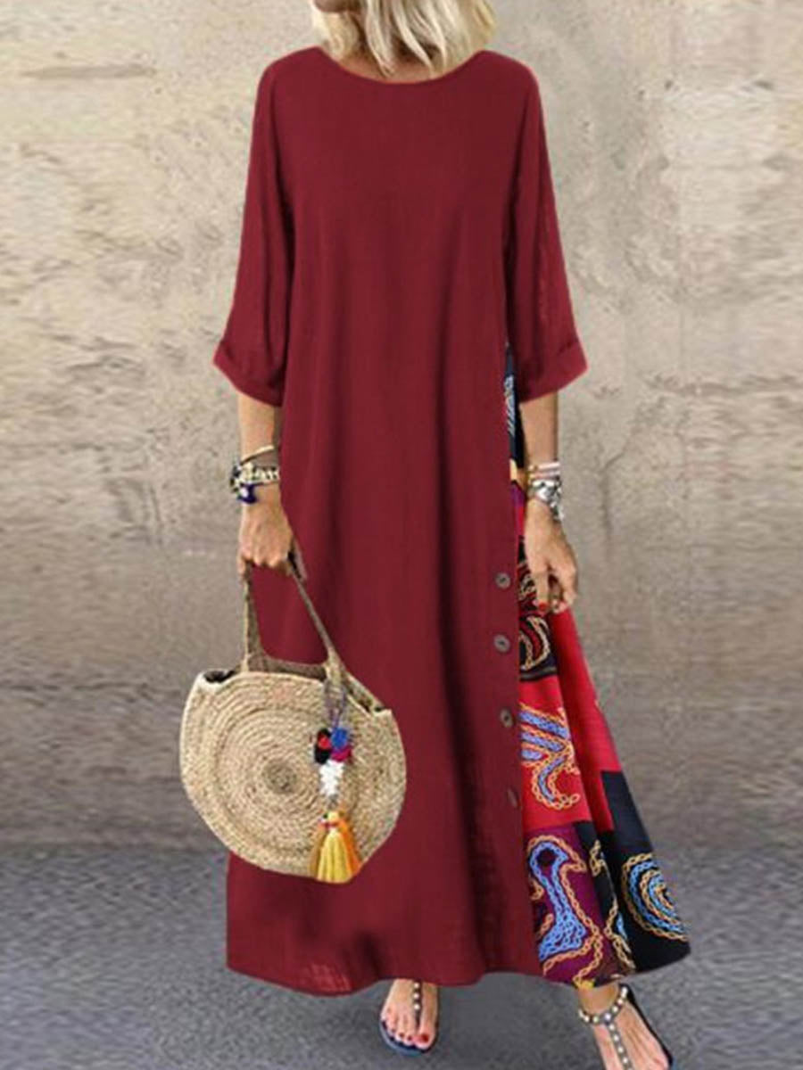 Loose Plus Size Buttoned Contrast Color Printed Split-Joint Round-Neck Midi Dresses