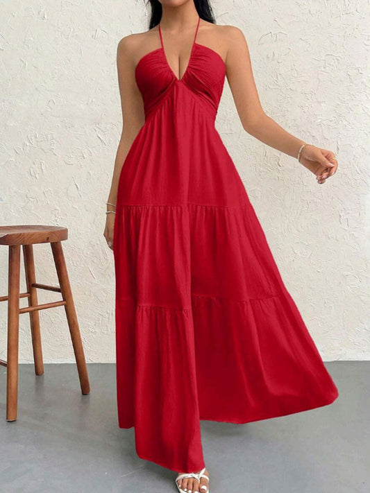 A-Line Loose Backless Pleated Solid Color Split-Joint Halter-Neck Midi Dresses