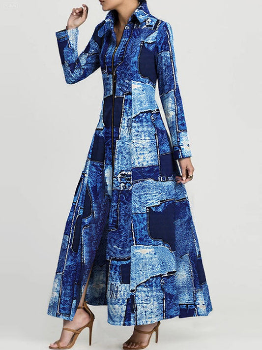 Long Sleeves Printed Zipper Lapel Maxi Dresses Shirt Dress