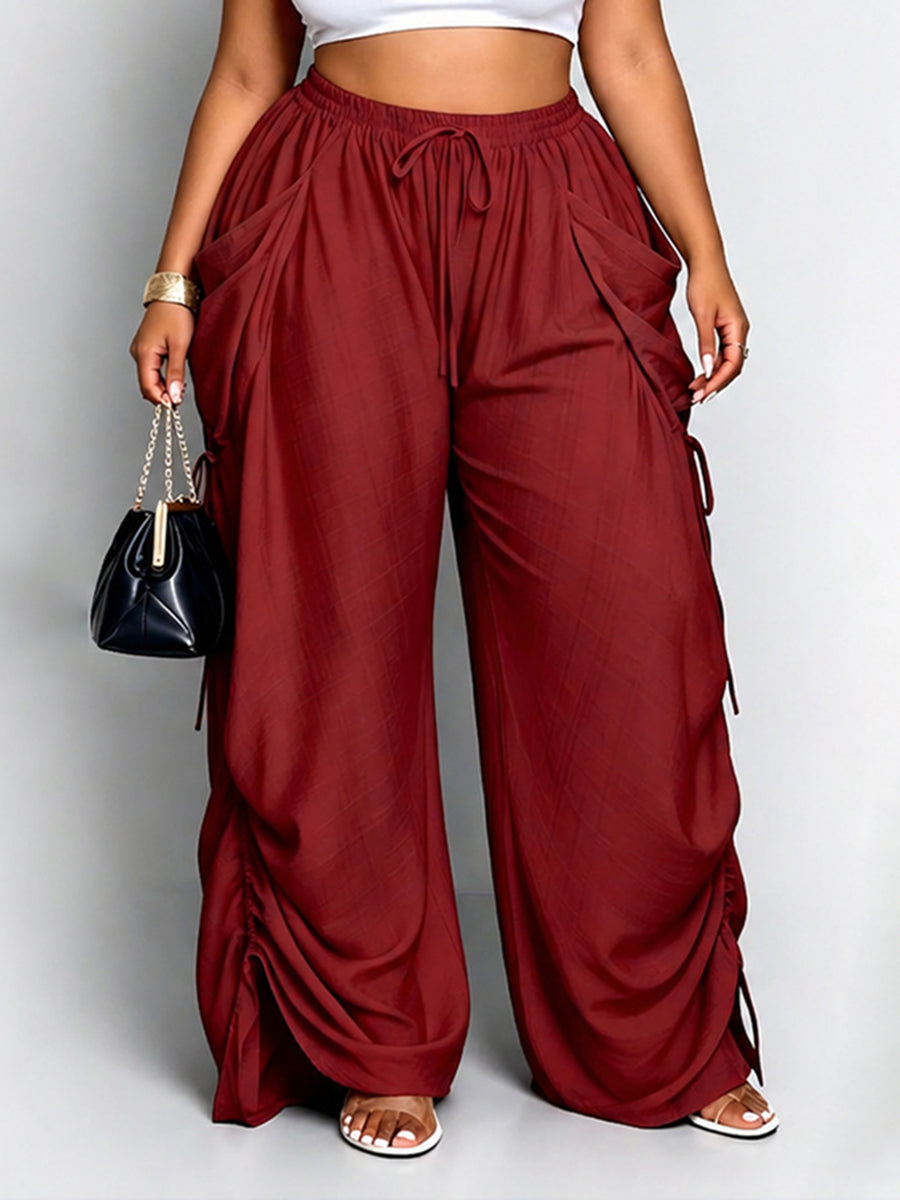 High Waisted Loose Drawstring Elasticity Pockets Split-Joint Pants Trousers