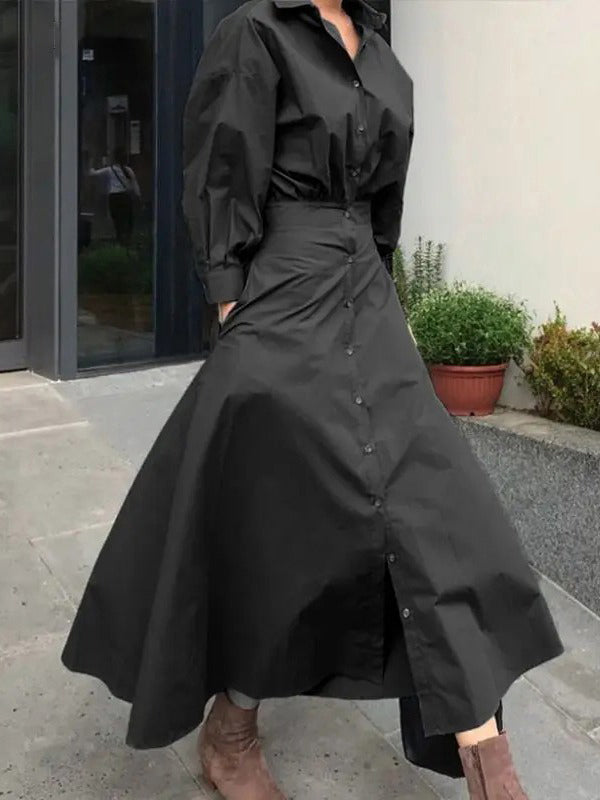 Loose Puff Sleeves Pleated Solid Color Split-Joint Lapel Maxi Dresses Shirt Dress
