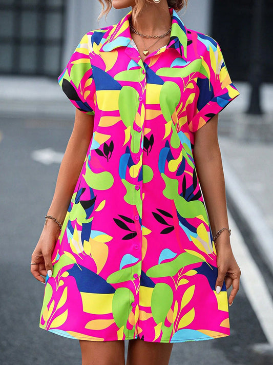 Short Sleeves Buttoned Contrast Color Printed Lapel Mini Dresses Shirt Dress