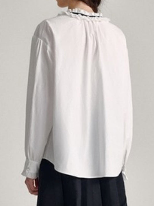 Long Sleeves Loose Buttoned Pleated Ruffled Solid Color V-Neck Blouses&Shirts Tops