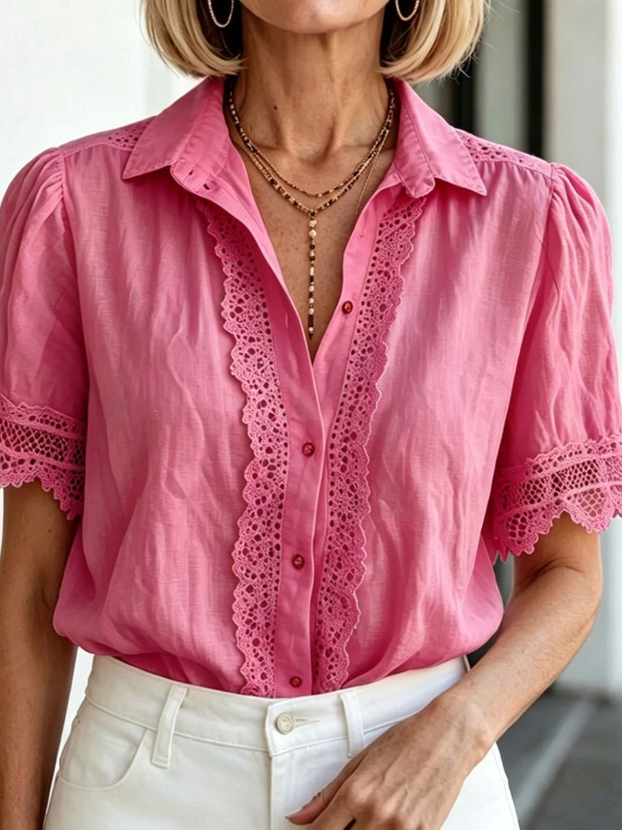 Plus Size Short Sleeves Buttoned Hollow Pleated Solid Color Lapel Blouses&Shirts Tops