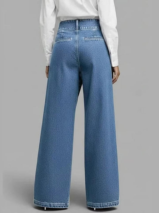 High Waisted Loose Asymmetric Buttoned Interlace Pockets Solid Color Split-Joint Jean Pants Bottoms Trousers