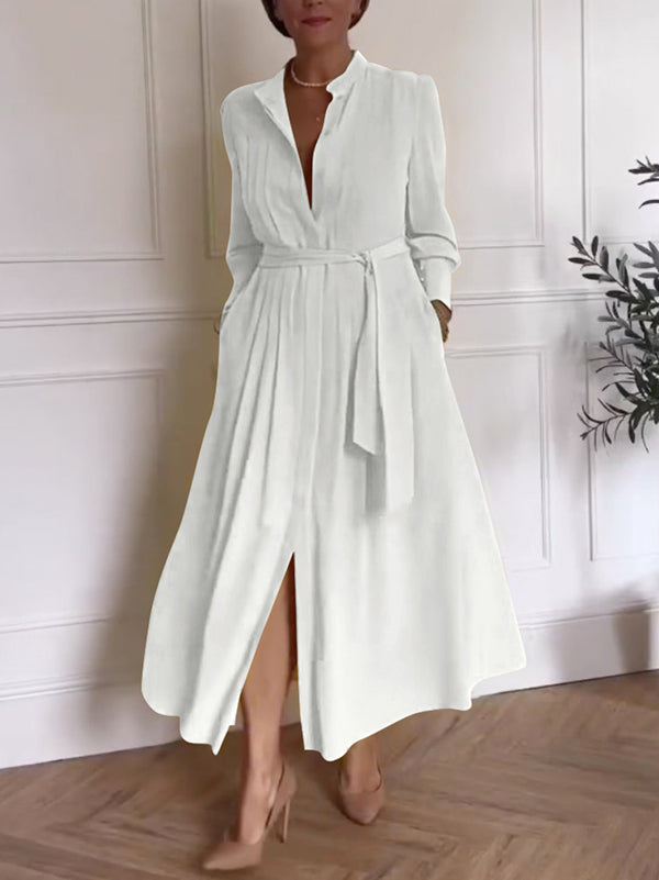 A-Line Long Sleeves Buttoned Pleated Pockets Solid Color Tied Waist V-Neck Maxi Dresses