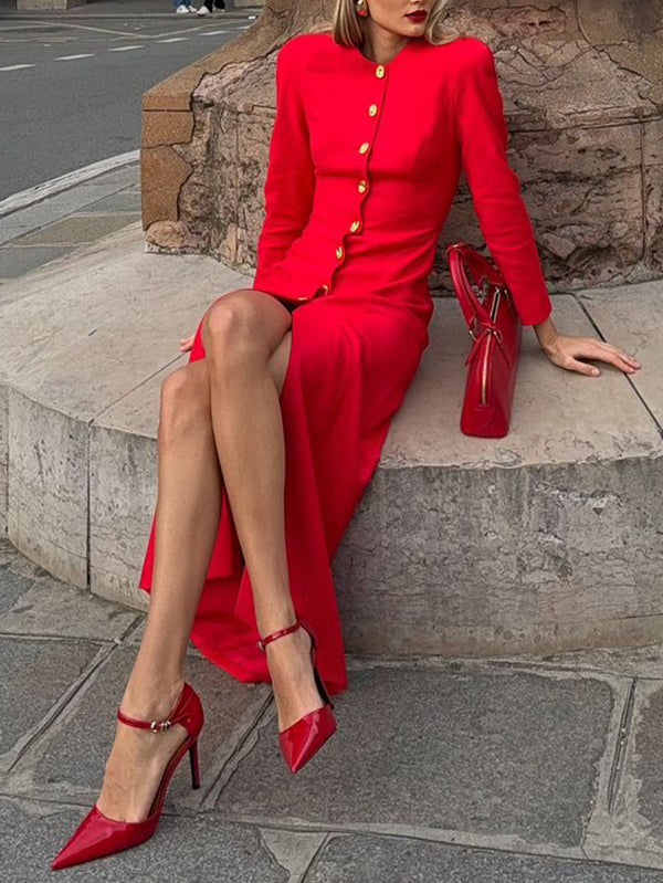 Bodycon Long Sleeves Buttoned Solid Color V-Neck Maxi Dresses Shirt Dress