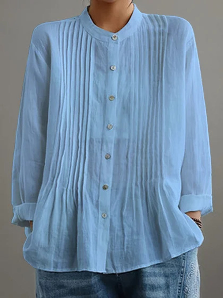 Long Sleeves Loose Buttoned Pleated Solid Color Round-Neck Blouses&Shirts Tops