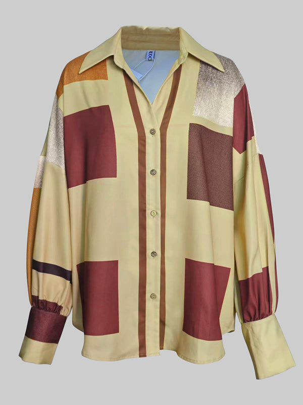Long Sleeves Loose Buttoned Contrast Color Plaid Lapel Blouses&Shirts Tops