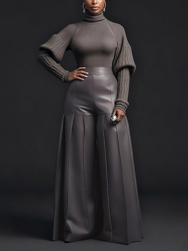 High Waisted Elasticity Pleated Pockets Solid Color Zipper Wide Leg Pants