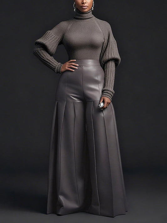 High Waisted Elasticity Pleated Pockets Solid Color Zipper Wide Leg Pants