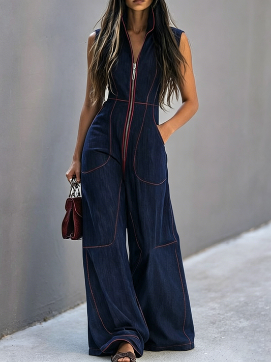 High Waisted Sleeveless Pockets Zipper Stand Collar Jumpsuits