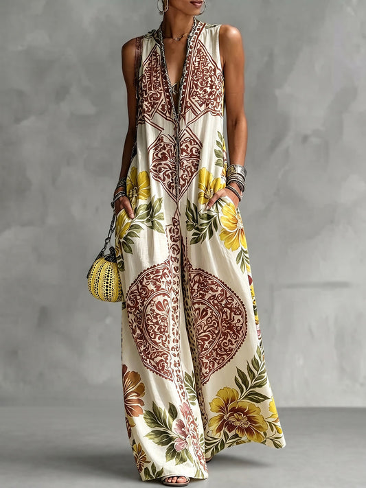 Loose Sleeveless Contrast Color Flower Print Pockets Deep V-Neck Jumpsuits