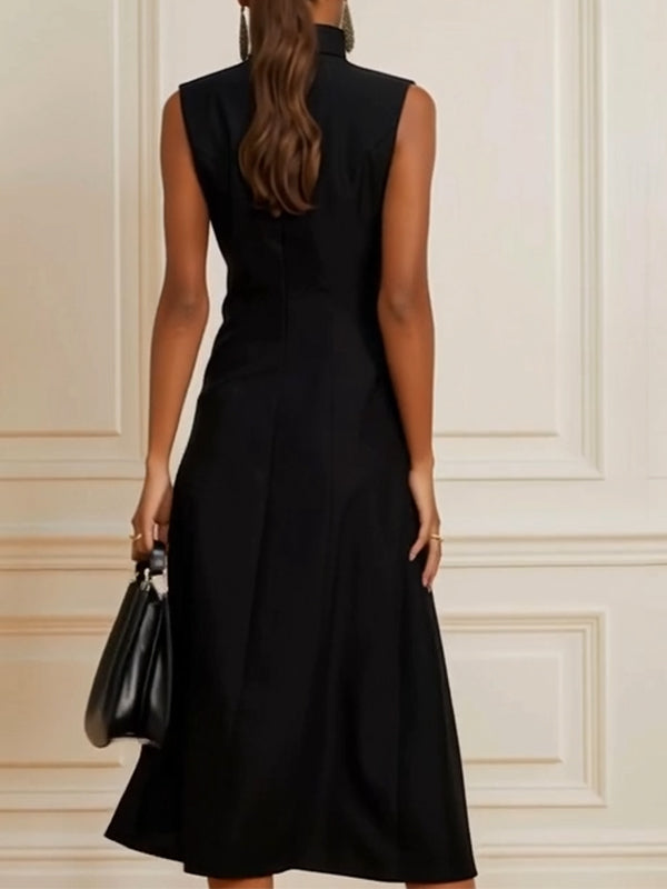 Loose Sleeveless Asymmetric Split-Joint High Neck Midi Dresses